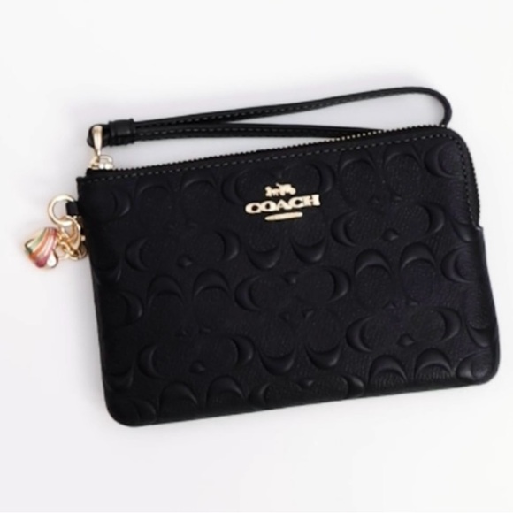 💕NIB COACH Signature Leather Black Wristlet with two Gold Coach Charms💕 - Picture 8 of 9